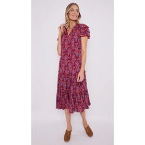 Sail to Sable Tuckernuck Ruffle Neck Tassels Midi Tiered Dress Red Blue Ikat XL